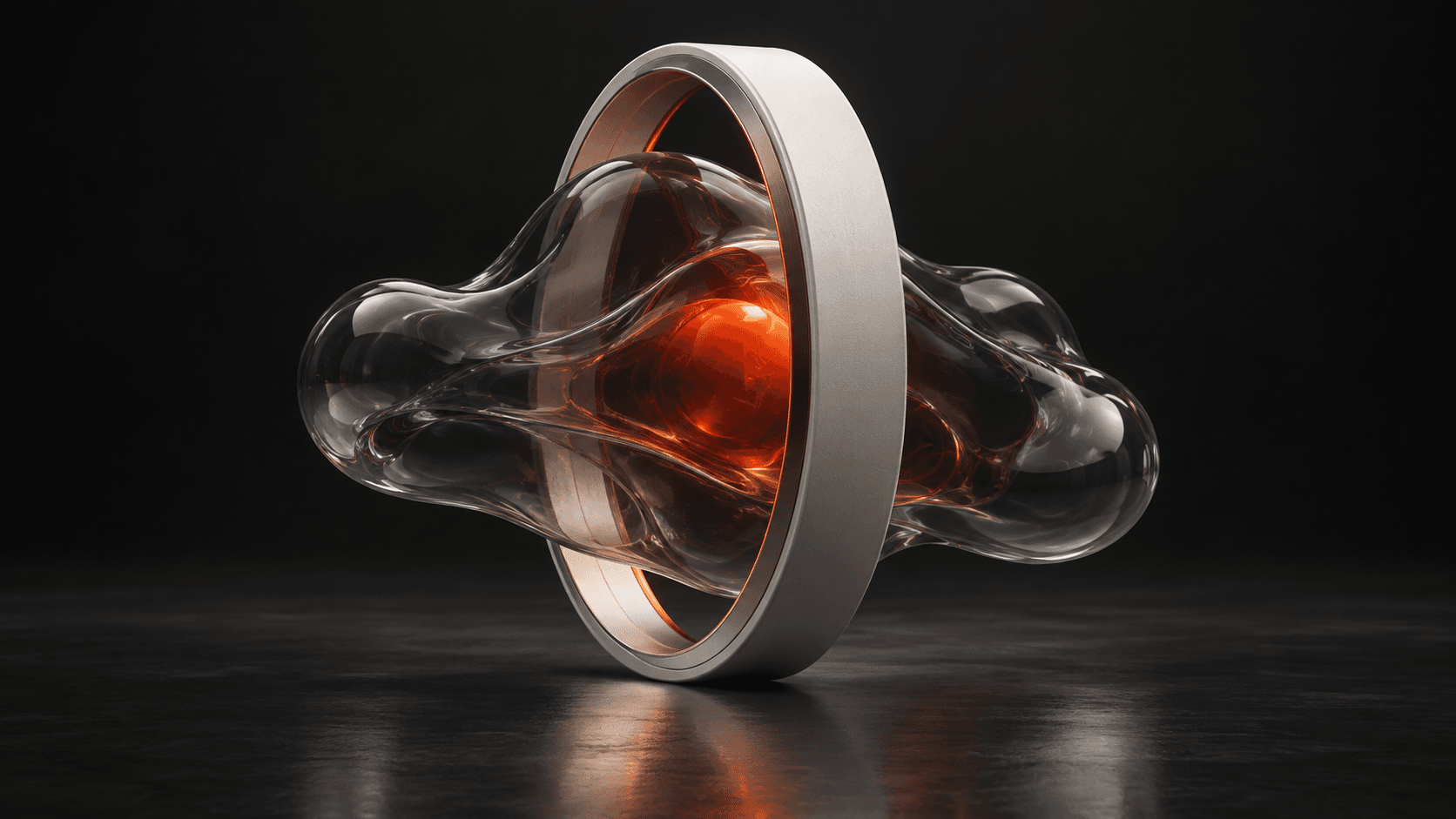 A smoked glass form passing through a ceramic ring with a red-orange core