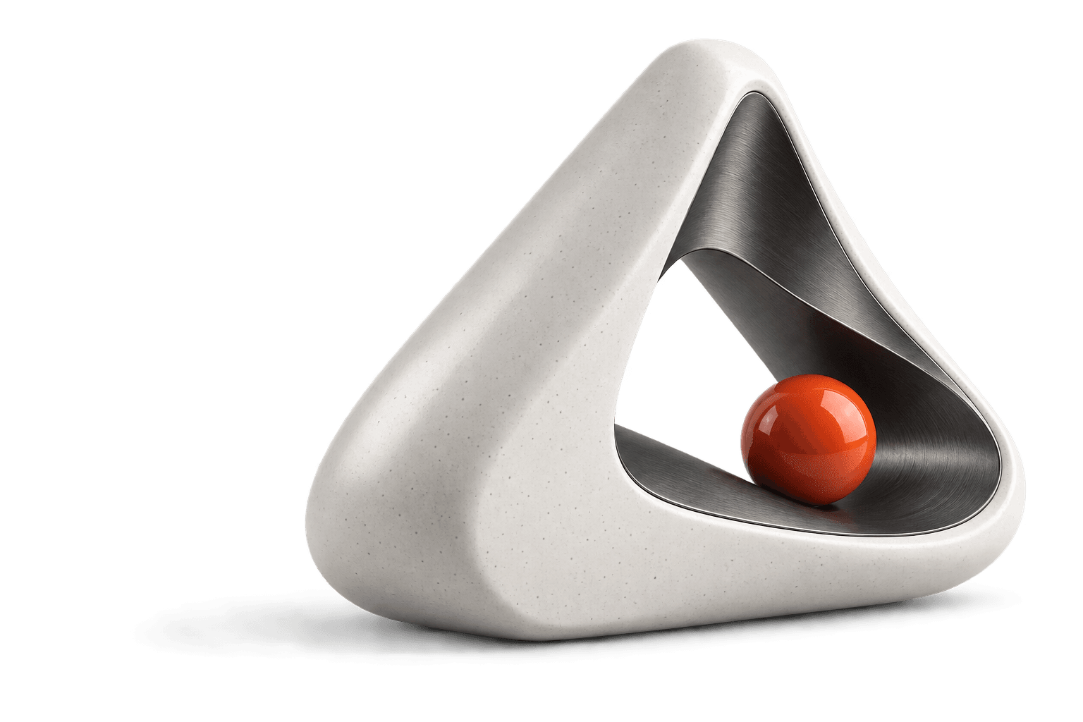 A milky ceramic sculpture with a graphite interior and red-orange sphere