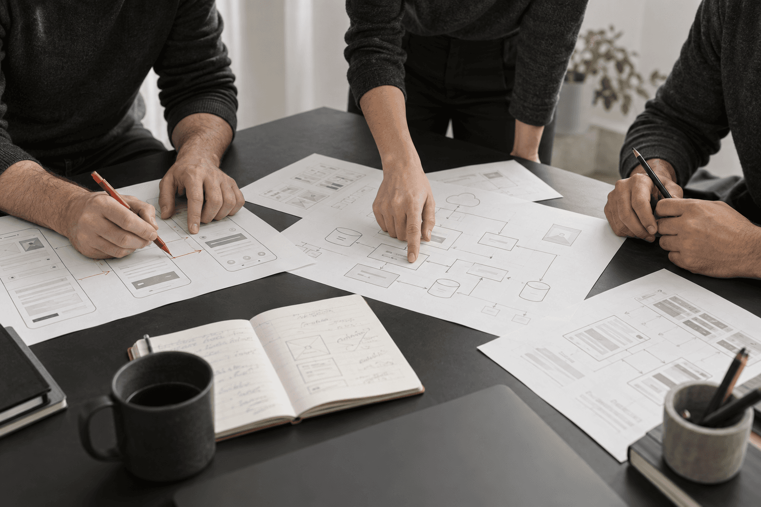 A senior software team reviewing interface and system architecture sketches